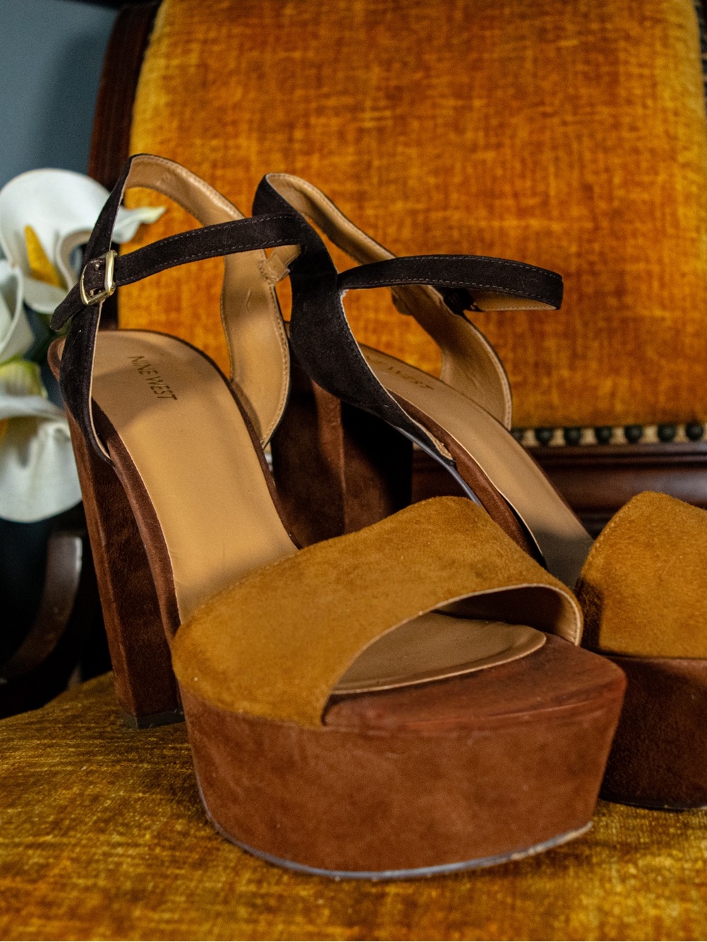 SIZE 12 Nine West Jane Suede Platform Sandals – Cognac & Chocolate